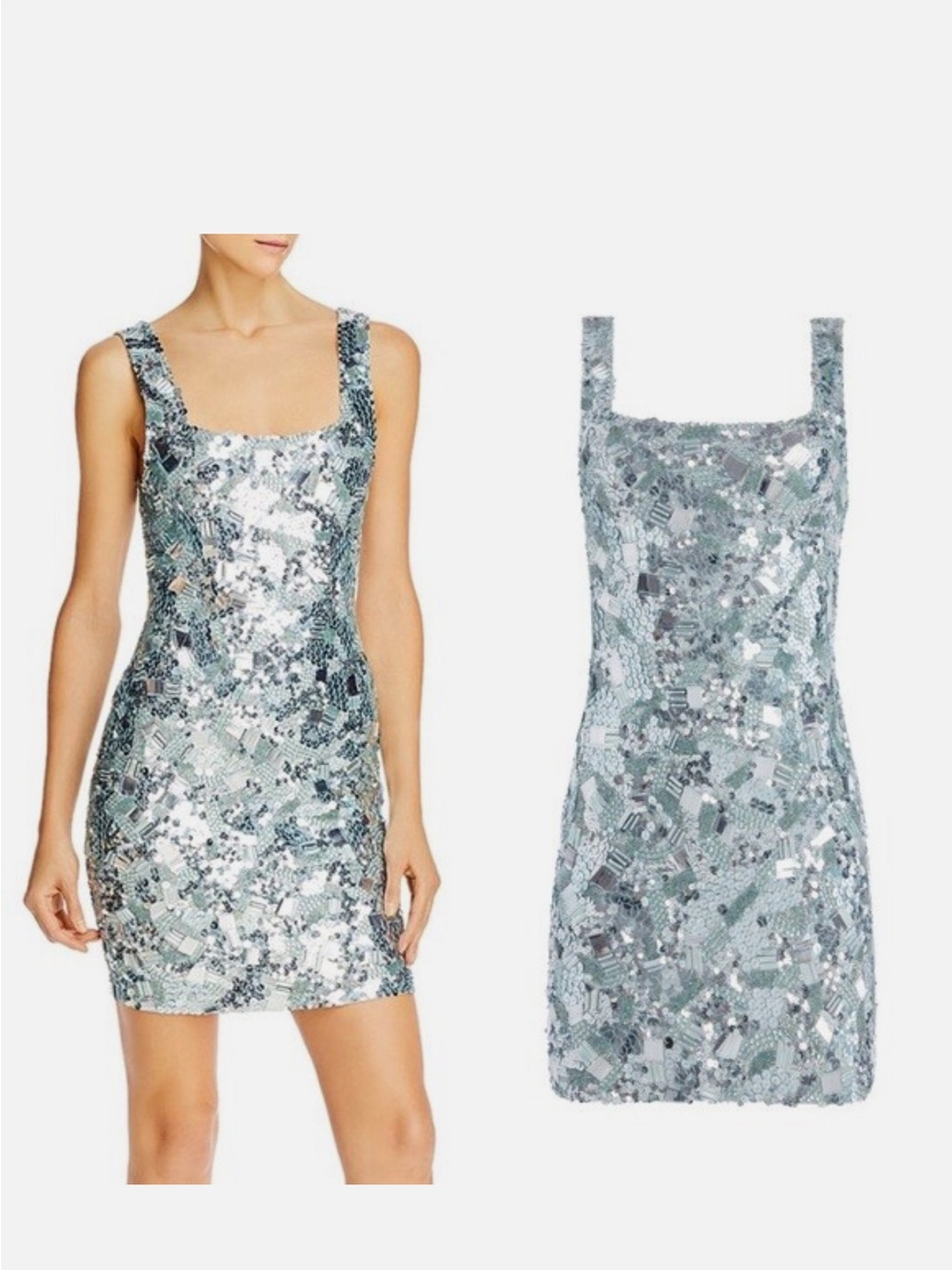 Alice + Olivia Silver-Blue Sequin Square-Neck Mini Dress